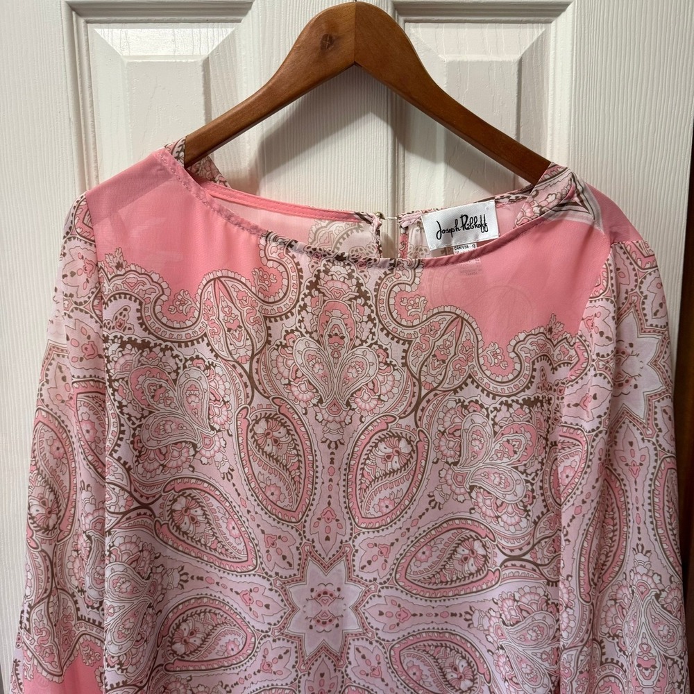 Joseph Ribkoff Sheer Pink Paisley Tunic Blouse Top 3/4 Sleeve Keyhole Size 12 - Picture 4 of 14